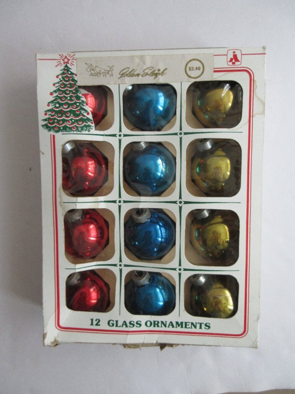 12 Essex Franke Red Blue Gold Glass Christmas Ball Ornaments 1.75" USA Vtg w/Box